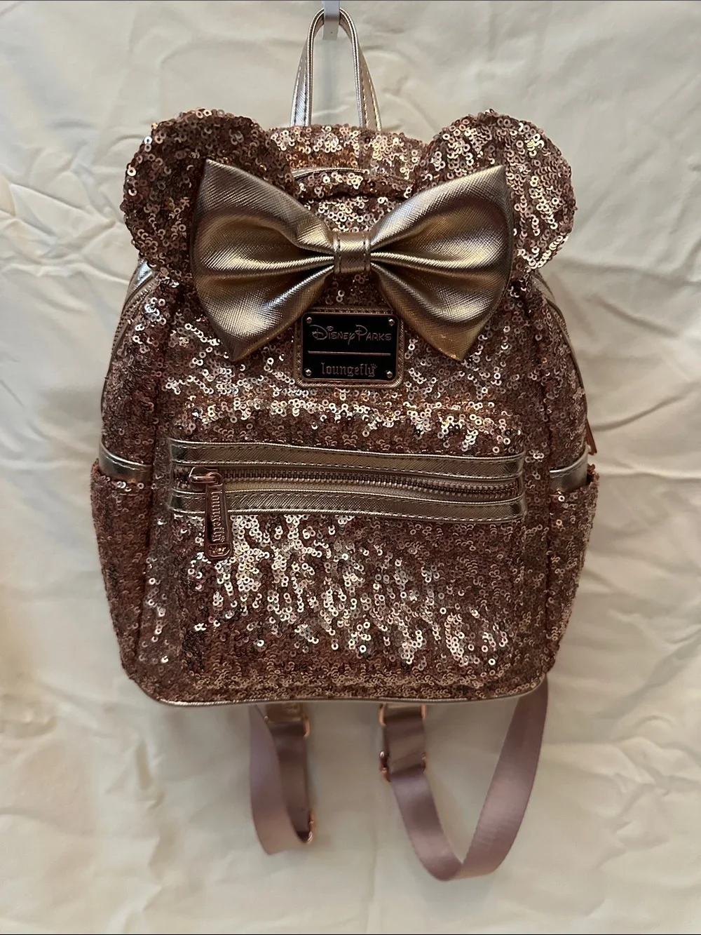 DISNEY PARKS Loungefly Rose Gold Sequin Mini Backpack with Metallic Bow